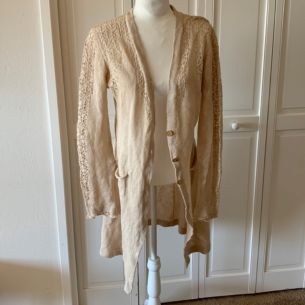 D EXTERIOR linen/cotton crochet long cardigan sweater - Large